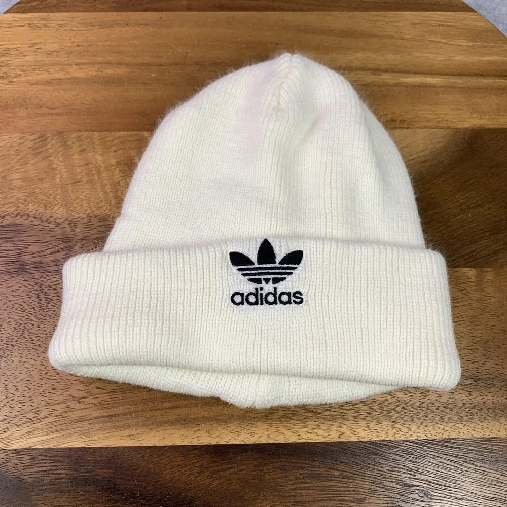 Adidas Hat Beanie Fitted Unisex White Trefoil Logo Knit Cuffed Winter One Size‎